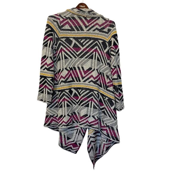 LUCKY BRAND M Cardigan Sweater Aztec Intarsia Drape Front Coastal Grandma - Picture 2 of 5